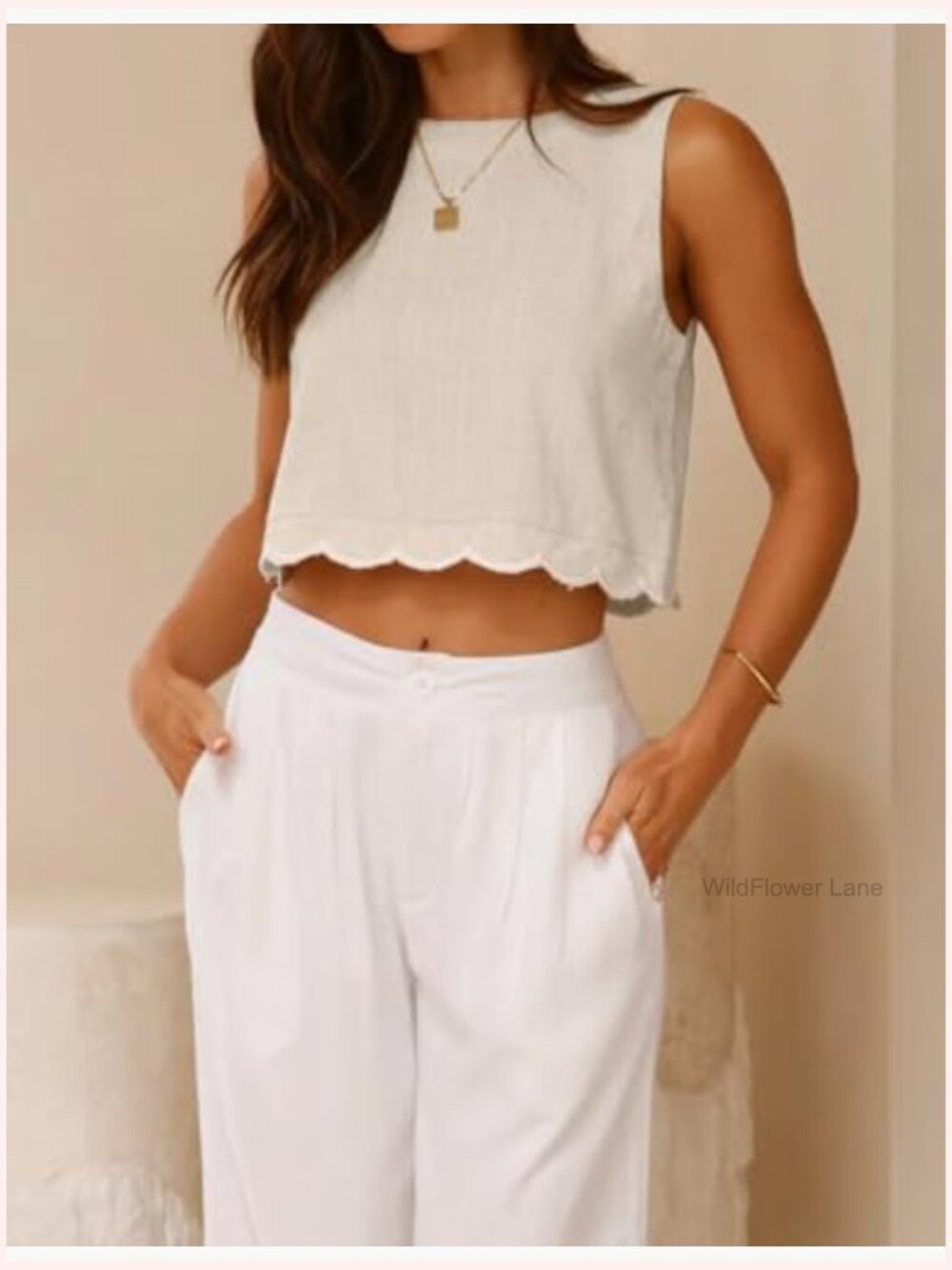High Neck Linen Cropped Tank Top Scallop Hem Sleeveless Blouse - Picture 3 of 6